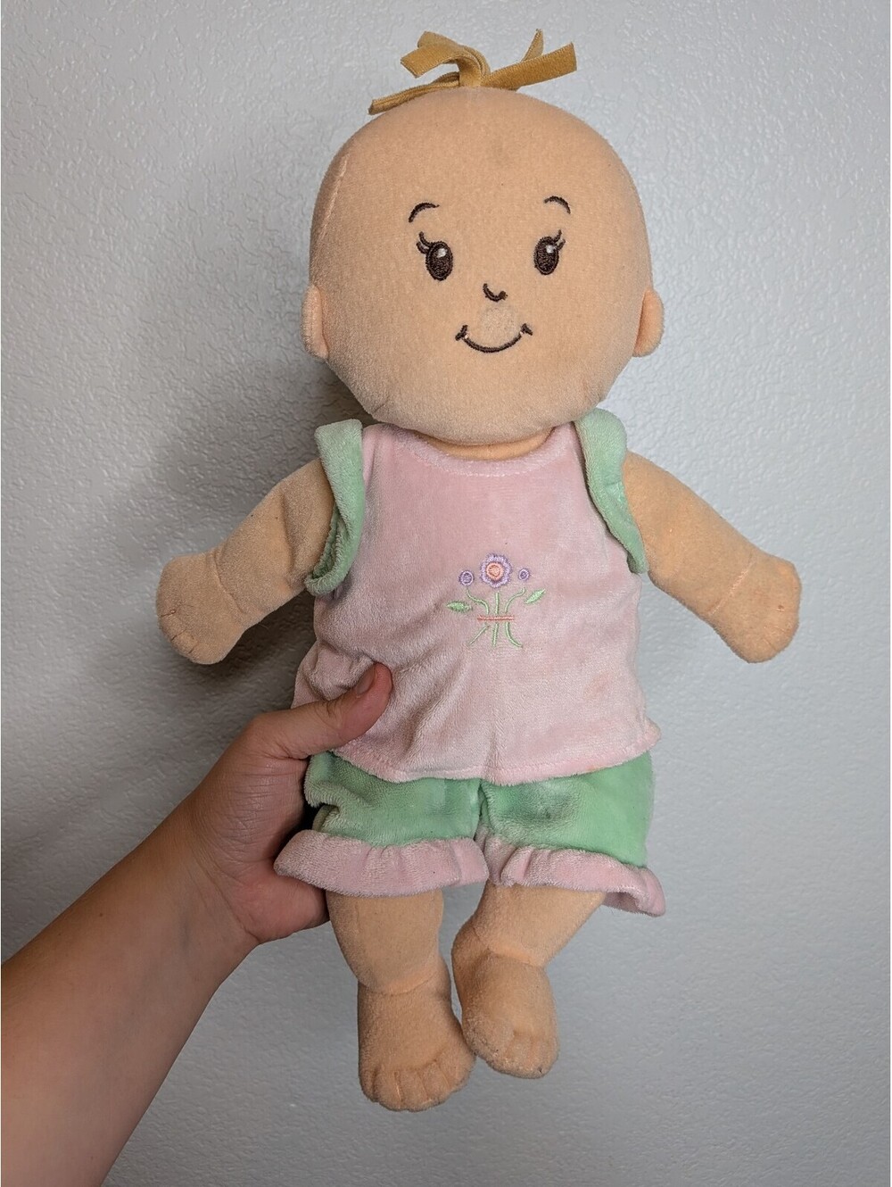 The Manhattan Toy Company Soft Baby Doll Pink Green Outfit Embroidered Face